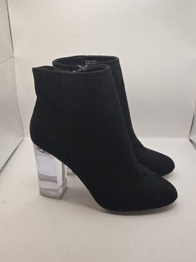 Call It Spring Black Suede Ankle Booties with Clear Block Heel - Size 8